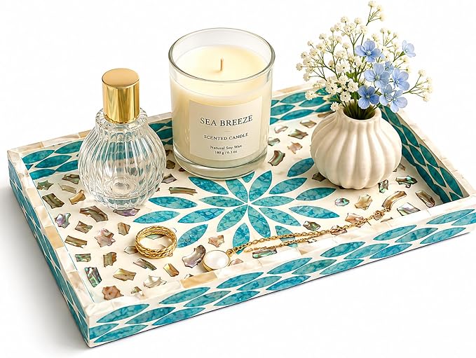 Mother of Pearl Inlay Wooden Tray – Handmade Decorative Rectangle Serving Tray for Coffee Table, Kitchen, Bathroom, Vanity or Living Room Decor, Blue Leaves 2