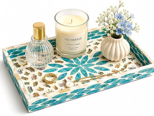 Mother of Pearl Inlay Wooden Tray – Handmade Decorative Rectangle Serving Tray for Coffee Table, Kitchen, Bathroom, Vanity or Living Room Decor, Blue Leaves 2