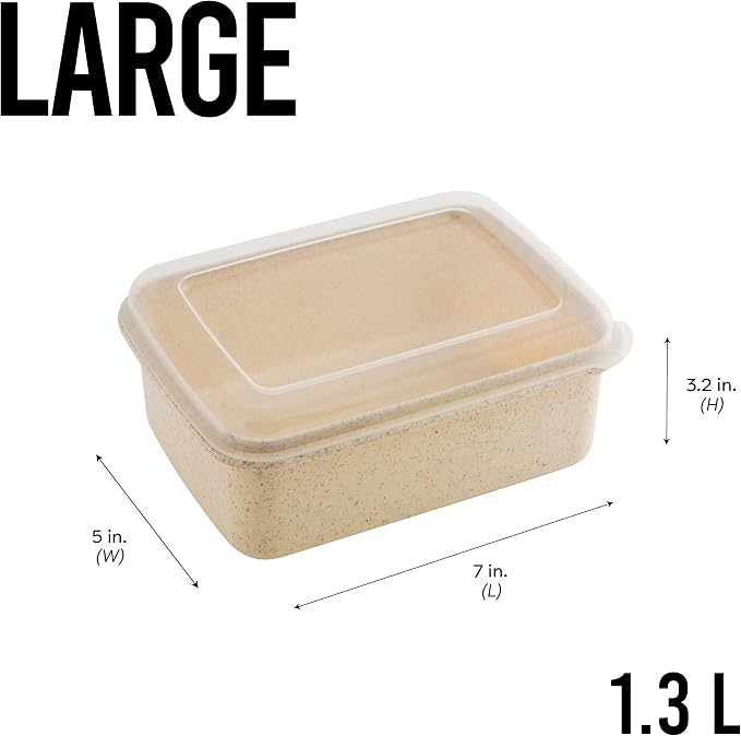 Simplify 6 Piece Set Eco Wheat Plastic Food Storage Containers | Clear Lid | Meal Prep | Leftovers | Kitchen | Lunch | Natural | Rectangular | 3 Sizes
