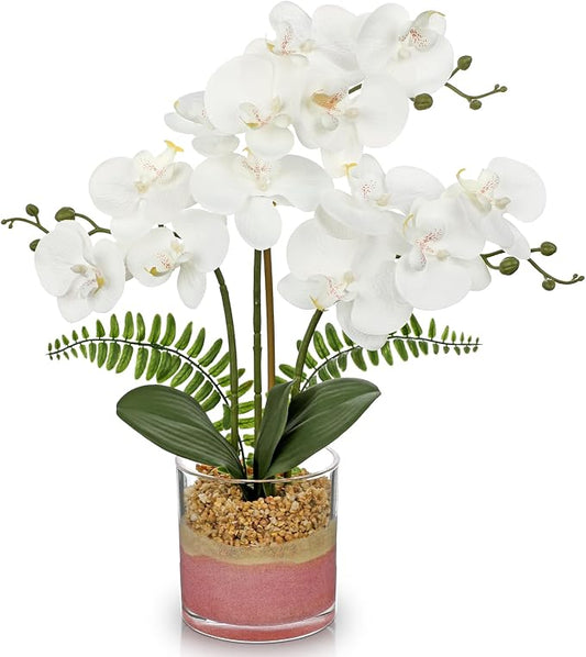 Oairse White Orchids Artificial Flowers with Vase Faux Orchids Plant in Pot | 17.7" Phalaenopsis Orchid Flower Arrangements White Centerpiece for Kitchen Dining Room Table Bathroom Shelf Desk Decor