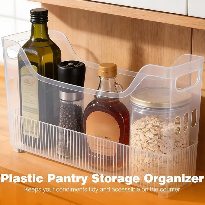 3 Pcs Stackable Freezer Organizer Bins, 13.4 X 9.8 X 3.5 In Clear Plastic Pantry Storage Baskets With Wheels And Handles, Rolling Storage Bins For Kitchen, Office