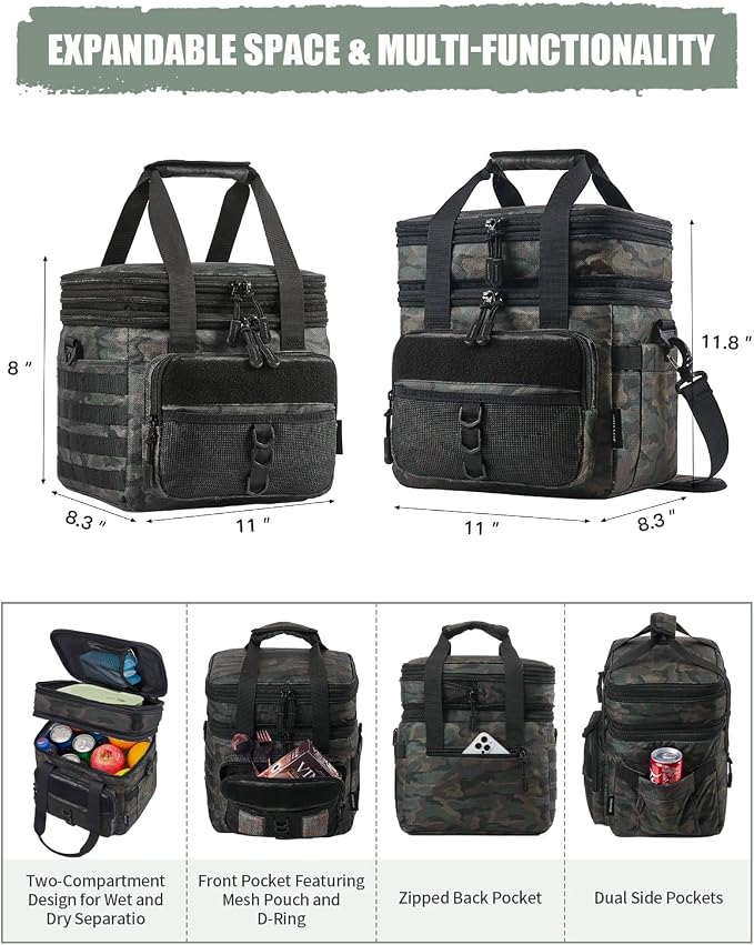 JOYHILL Lunch Box for Men 18 L & Large Expandable Double Deck Cooler Bag | Tactical, Insulated, Leakproof, and Durable Lunch Bag for Adults for Work Camping Picnic Beach Daytrip Black 24 Can