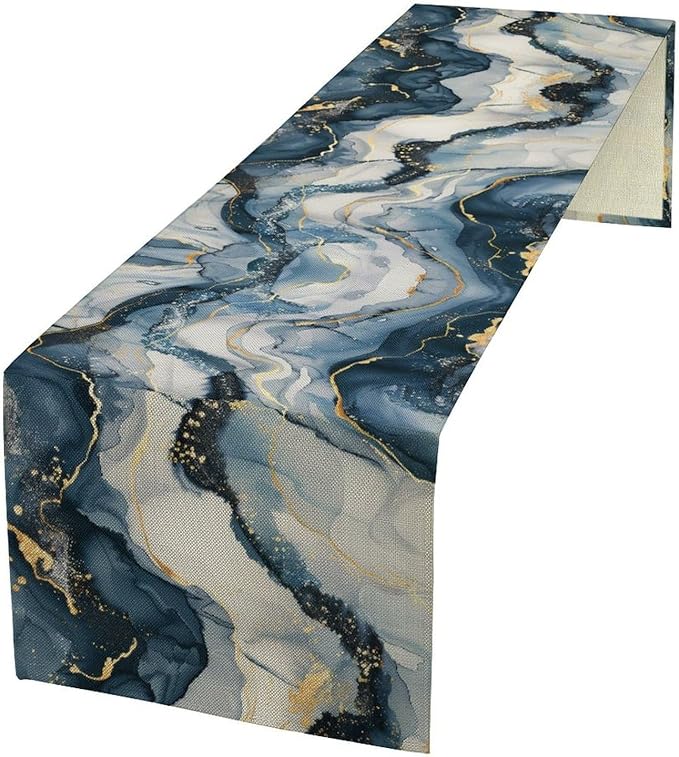 Marble Table Runner, Abstract Gold and Blue Black Modern Luxury Texture Pattern Printed Linen Table Runners for Kitchen Living Room Farmhouse Dining Room Party Home Decor 13" W x 72" L