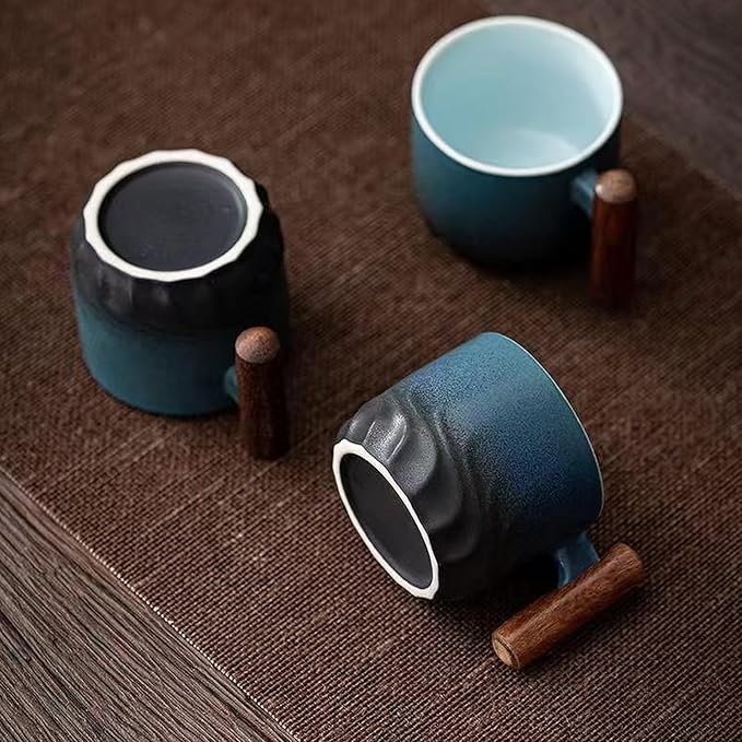 2.5oz Ceramic Espresso Cups with Wooden Handle, Chinese KungFu Tea Cup, Coffee Cups Set of 4 (Blue)