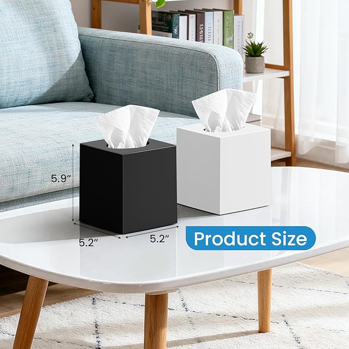 2 Pack Tissue Box Cover Black, Square Acrylic Tissue Holder, Decorative Facial Tissue Box Vessel Cube Paper Organizer Dispenser for Bathroom Office, Night Stand, Desk, Car, Vanity, Countertops