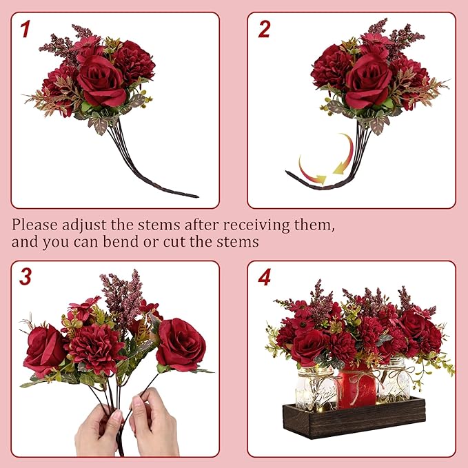 BLEUM CADE Mason Jar Centerpiece Table Decorations, Mason Jar Lights Centerpiece for Kitchen Dining Table Farmhouse Coffee Table Wedding Home Decor with 3 Jars Artificial Flowers & Wood Tray