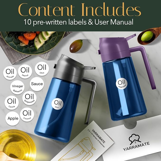 YARRAMATE 16oz/470ml Light-Blocking Dark Oil Sprayer for Cooking, 2 in 1 Olive Oil Dispenser Bottle for Kitchen, Premium Blue Glass Oil Bottle, Food-Grade Oil Mister for Air Fryer, BBQ (Purple)