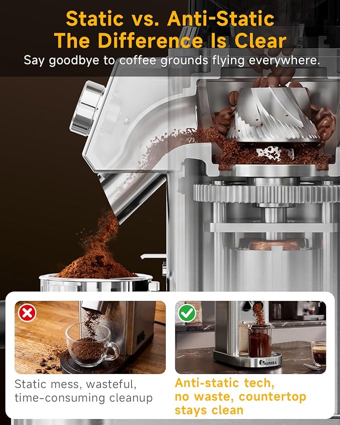 IAGREEA Conical Burr Coffee Grinder, 48 Grind Settings, 450RPM Low-Speed Anti-Static, Precision Timer, Portafilter Holder for Espresso, Drip, French Press, Cold Brew, Stainless Steel
