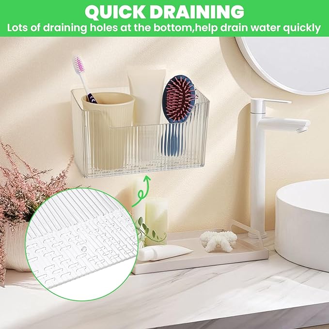 4-Pack Adhesive Cabinet Door Organizer Set, Clear Inside Cabinet Door Storage Bins with Drain Holes for Kitchen Bathroom Pantry Organization, Space-Saving Mountable Caddy