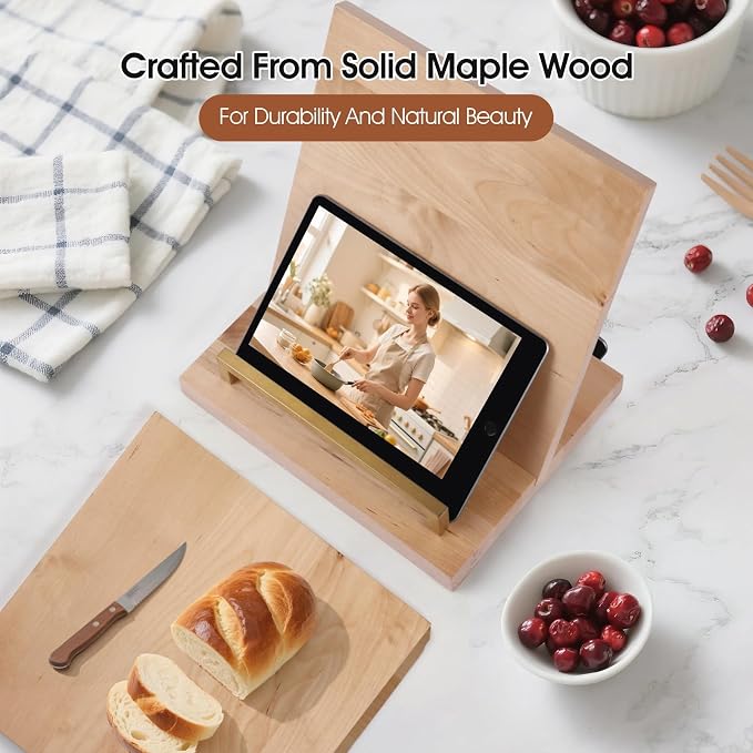 Cookbook Stand with Removable Cutting Board – Adjustable Recipe Book Holder, Charcuterie Board & Kitchen Serving Tray, Kitchen Counte Decor (Gold)