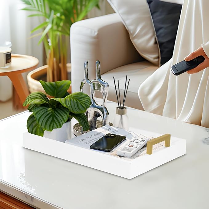 MAONAME Wood Serving Tray with Handles, White Decorative Tray for Coffee Table, Modern Rectangular Tray, Wooden Ottoman Tray, 15.8” x 11.8” x 2"