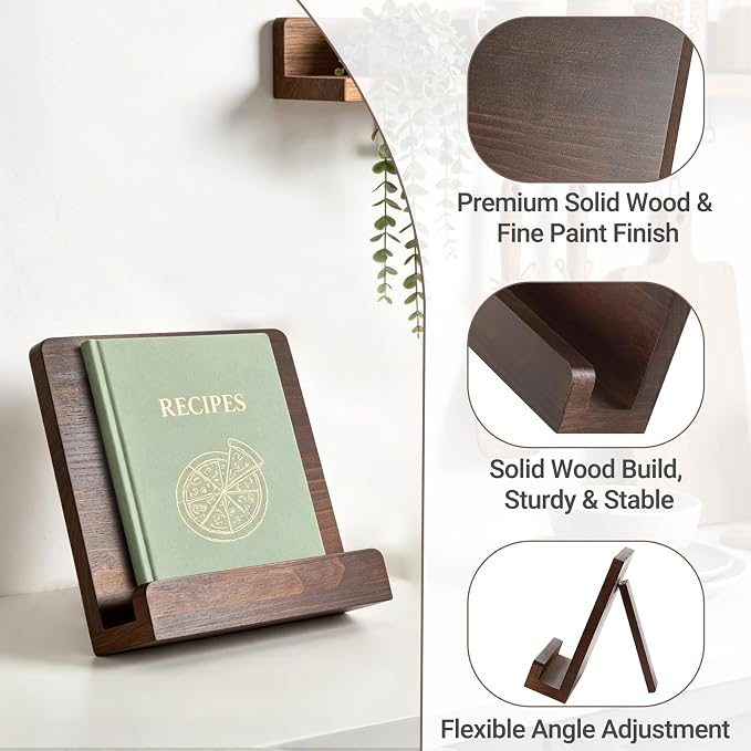 Dahey Cookbook Stand for Kitchen Counter Wooden Recipe Book Holder Adjustable Cookbook Holder Holds Books, Recipes, Phones & Tablets, Perfect for Cooking Lover Gift, Kitchen Decor