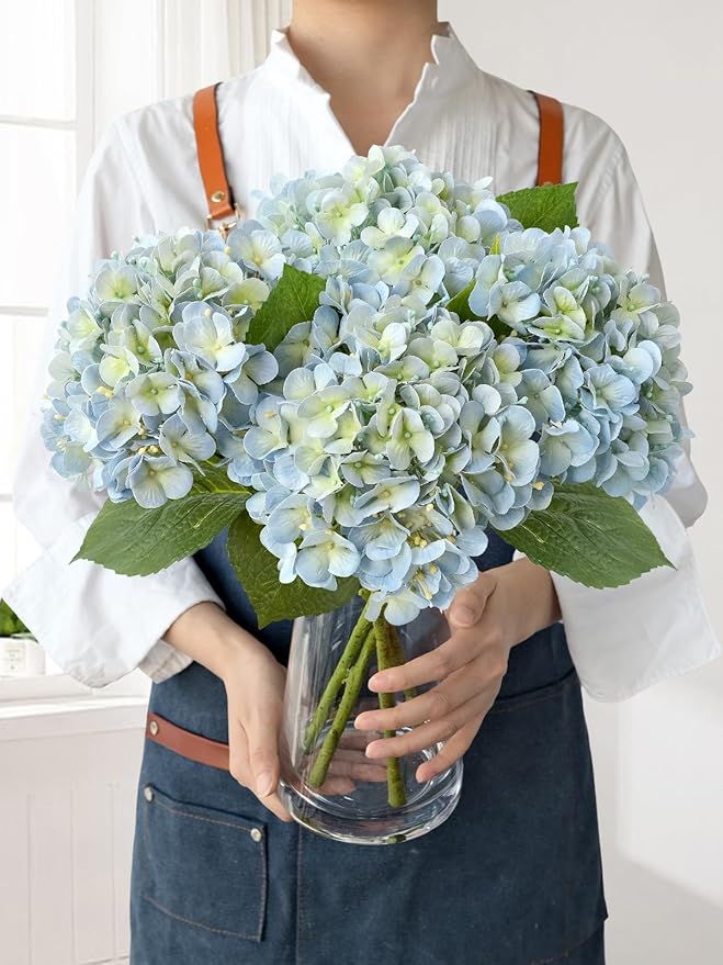 JINWOE Light Blue Hydrangea Artificial Flowers,4Pcs 20" Real Touch Lifelike Silk Artificial Hydrangeas, Full Fake Flowers for Bouquet Table Centerpieces Spring Wedding Indoor Home