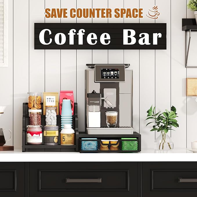 Coffee Station Organizer with K Cup Holder, 28 Pod Capacity,3-Tier Syrup Rack with Coffee Pod Holder Drawer, Coffee Bar organizer Countertop for Accessories,Black