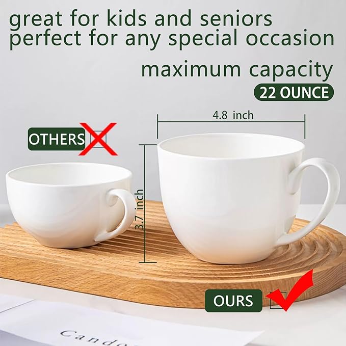 Chulan 22 oz Extra Large White Bone China Cereal Mugs Set of 2, Ceramic Coffee Mug, Latte Mugs Mocha Tea Cup, Jumbo Porcelain Soup Mugs with Big Handle for Desserts Snack, Microwave Dishwasher Safe