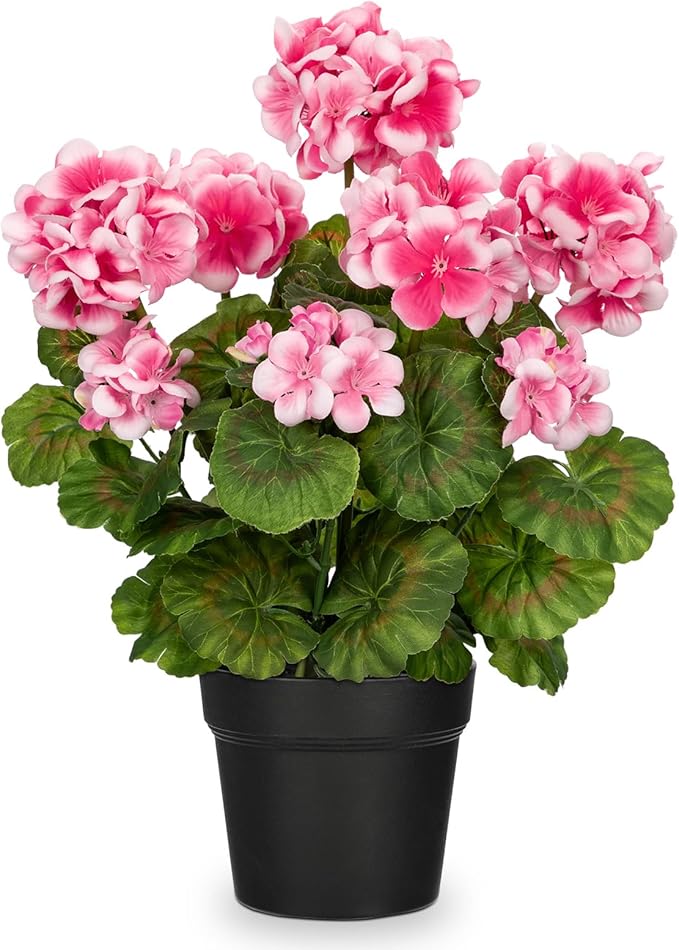 Briful Artificial Geranium Potted Plant – 16” Tall, Realistic Silk Flowers with Vibrant Green Leaves, Pink White Geraniums Fake Flowers for Outdoors Home Décor, Wedding Farmhouse Office Tables Decor