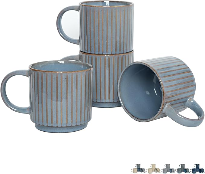 Bosmarlin Stackable Ceramic Coffee Mug Set of 4, 16 Oz, Coffee Cups, Microwave Safe, Unique Reactive Glaze (Light Purple Grey, 16 Oz)