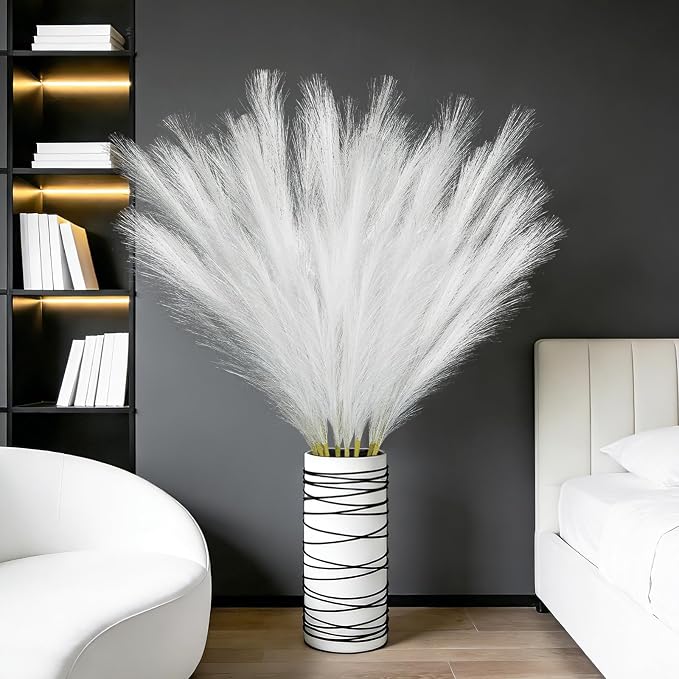 TORONTOKYO 8Pcs White Faux Pampas Grass Tall Decor, 35.4” Fluffy Artificial Pompous Grass Branches, Large Pampas Grass Reed Stems for Floor Vase Filler, Wedding, Baby Shower, Home Boho Decor