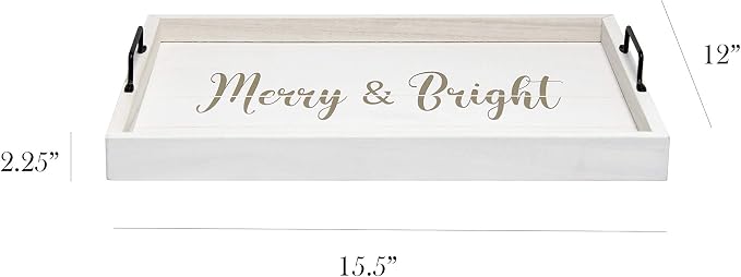 Elegant Designs HG2000-WMB Christmas Decoration 15.50" x 12", Decorative Wood Serving Tray w/Handles, White Wash Merry & Bright