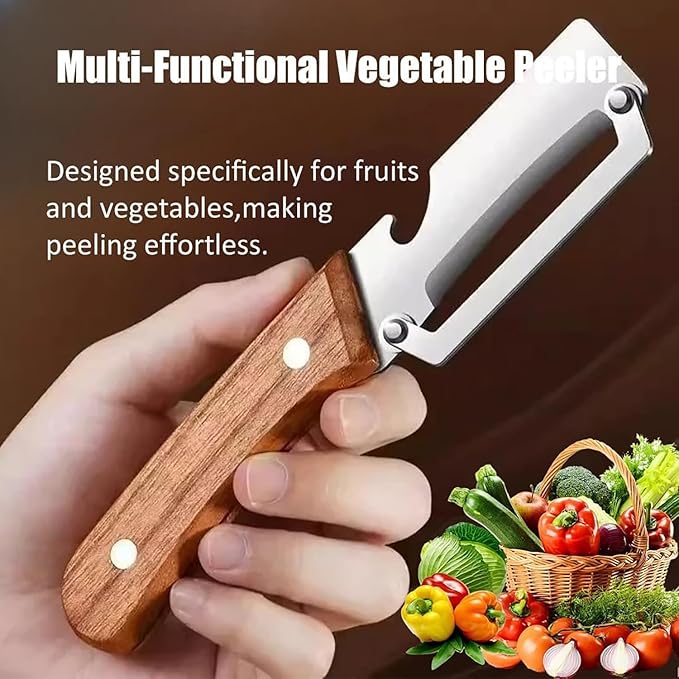 MultiFunctional Vegetable Peeler for Kitchen，Multifunctional Vegetable Peeler with Wooden Handle and Bottle Opener，2-in-1 Stainless Steel Kitchen Tool for Fruit Apple Potato Pumpkin Papaya (1)