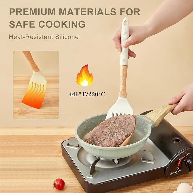 Kitchen Utensils Set - 7 PCS Non-Stick Silicone Cooking Utensils Set Spatula Set with Holder, Wooden Handle Spoon,Tongs,Whisk Kitchen Gadgets Tools Set for Nonstick Cookware (Cream White-7Max)