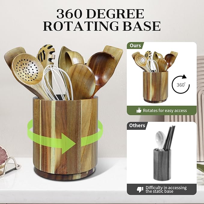 Acacia Wooden Utensil Holder for Kitchen Counter,360° Rotating 6.9" Wooden Cooking Utensil Crock for Countertop,Non-Slip Large Utensils Holders