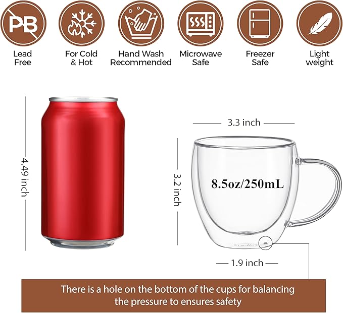 CNGLASS Double Wall Glass Coffee Mugs with Handle,8.5oz Clear Insulated Glass Espresso Cups for Hot and Cold Beverages,Latte,Cappuccino,Set of 2