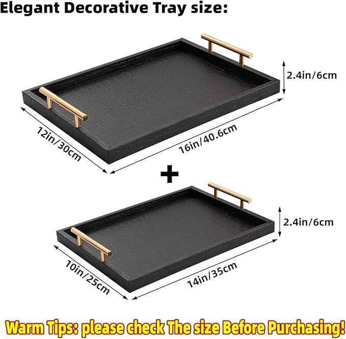 Modern Elegant Large Wood Serving Tray, Set of 2 Black Crocodile Leather with Gold Polished Metal Handles, Home Decorative Rectangle Ottoman Decor Platter Living Room Bathroom Vanity Tray