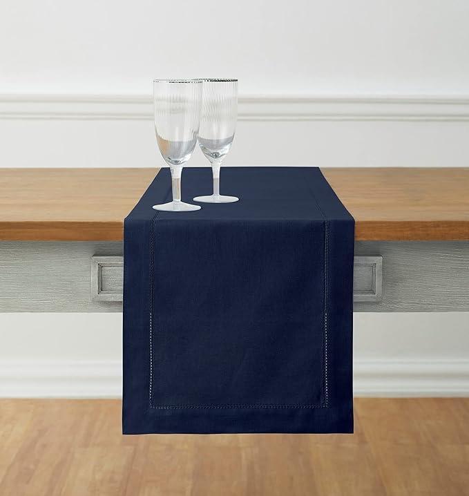 Solino Home Cotton Linen Navy Blue Table Runner 72 Inches Long - Hemstitch Table Runner 14 x 72 Inch for Dresser, Dining, Spring, Summer, 4th of July