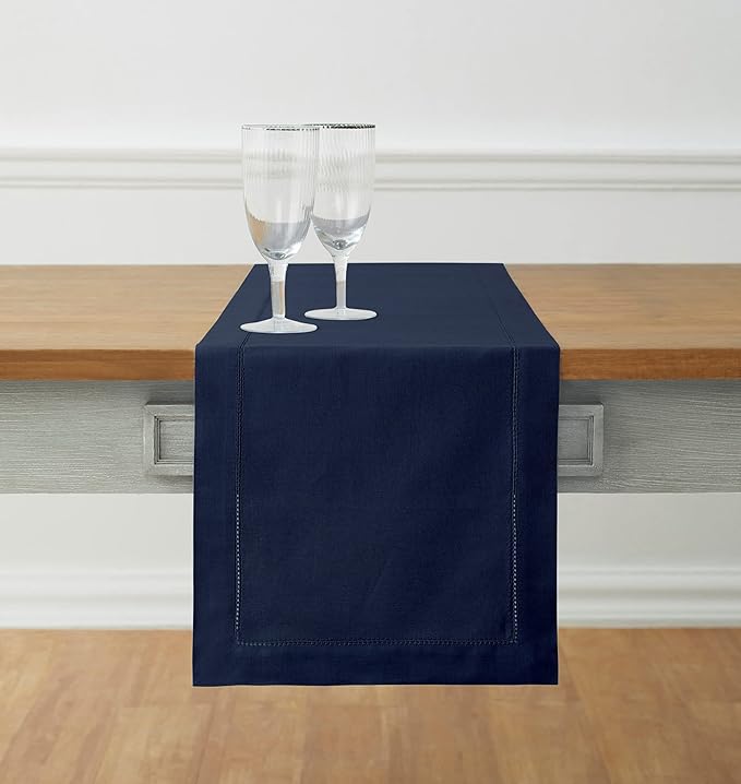 Solino Home Navy Blue Table Runner 120 Inches Long - Cotton Linen Hemstitch 14 x 120 Inch Table Runner for Dining, Spring, Summer, 4th of July