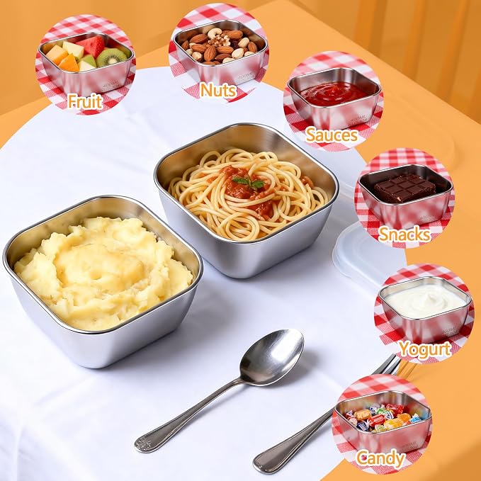5 Pack 13.53 oz (400 ml) 304 Stainless Steel Snack Container – Leak-Proof, Grill & Oven Safe, Freezer & Dishwasher Safe, BPA-Free Silicone Lid, for Snacks, BBQ, Lunch, Camping, Baking
