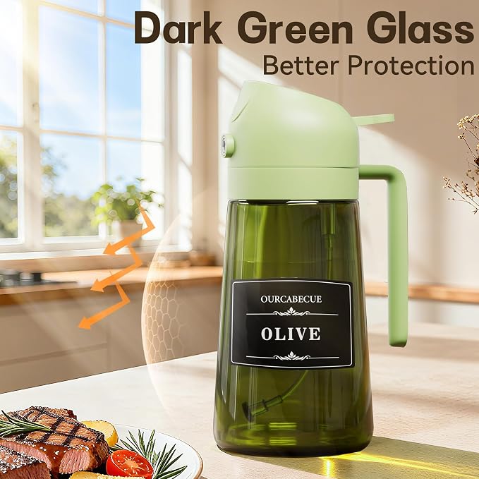 OURCABECUE 2 in 1 Olive Oil Sprayer for Cooking, 16oz/470ml Olive Oil Dispenser Bottle for Kitchen, Light-Blocking Dark Glass Oil Bottle, Food-Grade Oil Mister with 8 Oil Stickers (Green Bottle-Cap)
