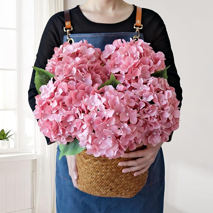 JINWOE 5Pcs 20Inch Large Pink Silk Hydrangea, Cameo Brown Lifelike Artificial Flower Heads with Stems Fake Hydrangeas Flowers for DIY Wedding Baby Showers Centerpiece Home Decor