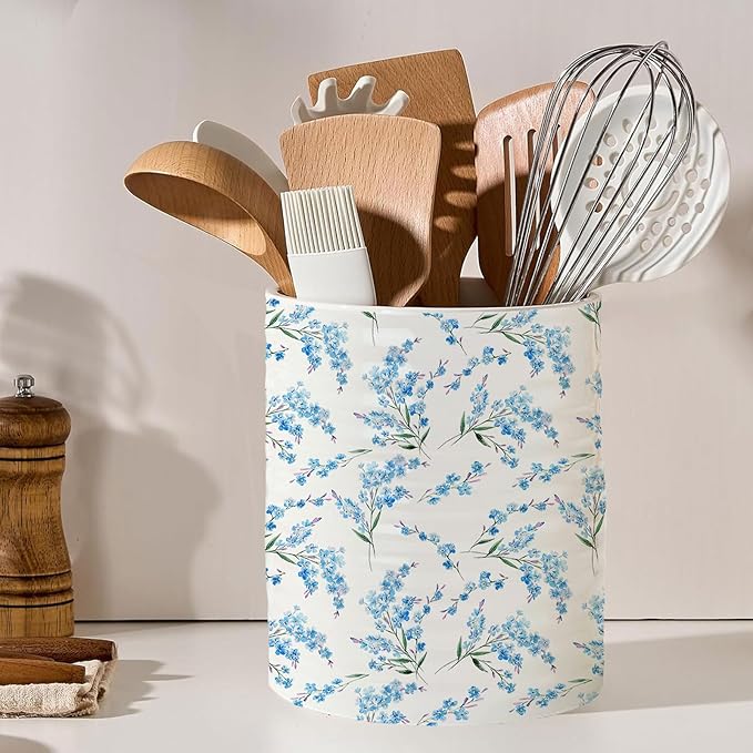 Kitchen Utensil Holder,7.2-inch Extra Large Sturdy Ceramic Cherry Floral Pattern Utensil Crock,Cooking Utensil Organizer for Kitchen Counter Decor,Storage Caddy Farmhouse Gift Blue Blossom
