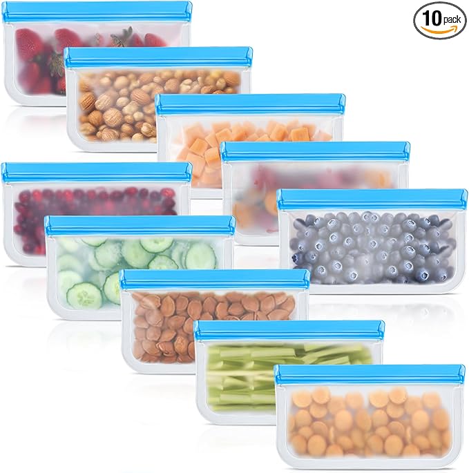 10 Pack Reusable Silicone Food Storage Bags, Leakproof Dishwasher Safe Reusable Freezer Bags for Food Containers, Lunch Bags for Sandwich, Snack, Marinate Meat, Salad Fruit
