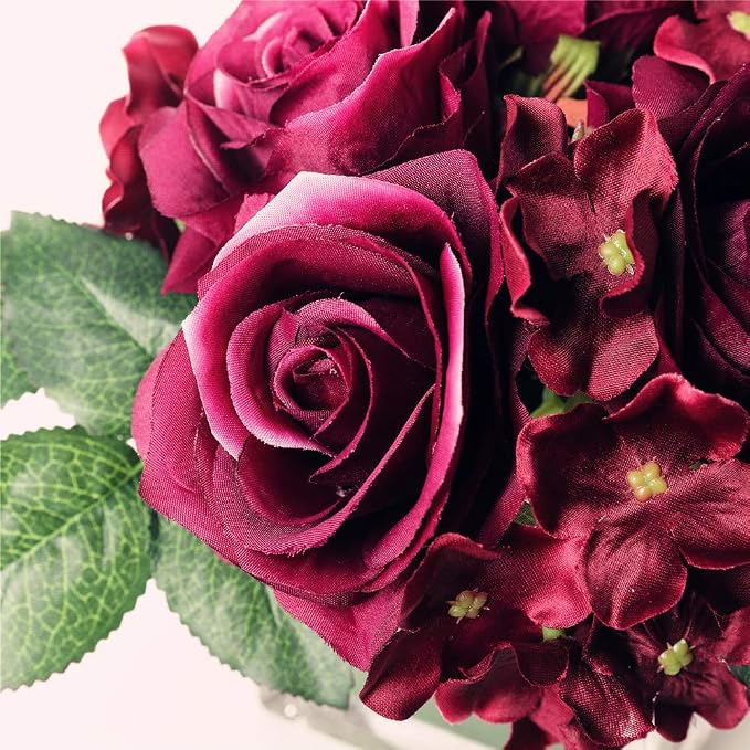 Fule Artificial Silk Rose Flower Centerpiece Arrangement in vase for Home Wedding Decoration (Dark Purple)