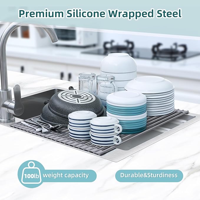 Ohuhu Sink Drying Rack, 20.5" W x 16.1" L Over The Sink Roll-Up Dish Drainer - Rolling Foldable Accessories Heat-Resistant Mat Anti-Slip Silicone Coated Multipurpose for Kitchen Counter