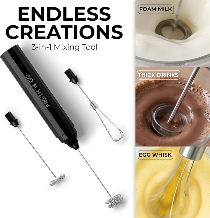 Zulay Froth N Go Milk Frother – 3-in-1 Handheld Frother Wand with Travel Case & USB-C Charger – Single, Double & Egg Whisk for Latte, Cappuccino, Matcha, Protein Shakes - Deep Black