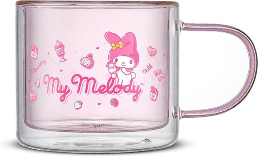 JoyJolt Hello Kitty Double Wall Insulated Coffee Mug ft My Melody, 13.5 oz Glass Cup, Cute Drinking Glassware ideal for Latte, Iced Coffee, or Tea, Kawaii Hello Kitty Merch, Sanrio Accessories