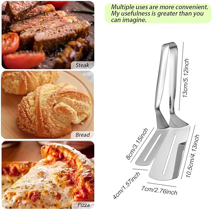 2 Pcs Kitchen Cooking Tongs 10 inch Stainless Steel Flipping Spatula Steak Clamps for Cooking Grilling Frying Bread Hamburger Pies Pizza Pancakes