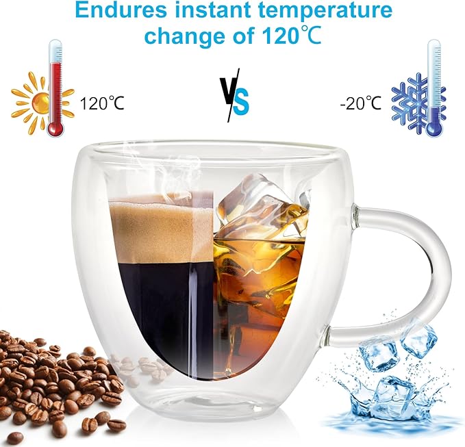 Double Wall Heart Shaped Coffee Mugs Set of 2, Espresso Glass Cups with Handle, for Coffee, Latte, Tea, Wine cup, Party, Gifts, 8oz/240Ml (with Exquisite Coasters)