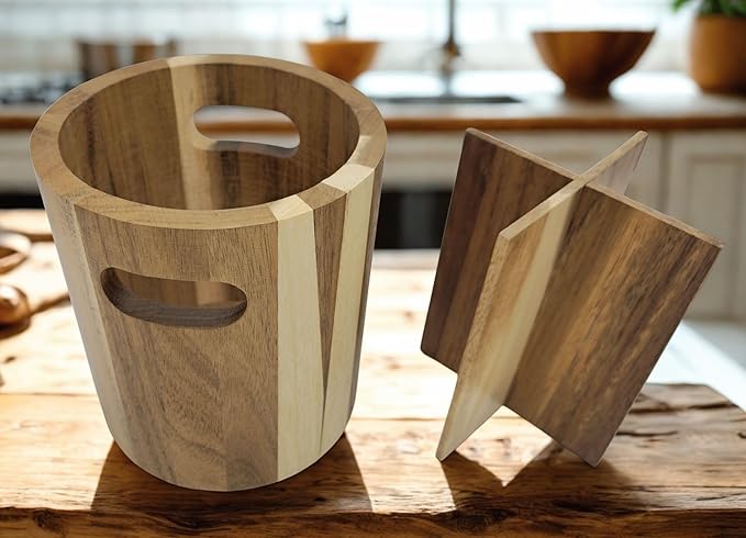 Acacia Wood Utensil Holder for Kitchen Counter, Large 360° Rotating Wooden Utensil Crock Organizer with Divider, Farmhouse Cooking Utensil Holder for Countertop