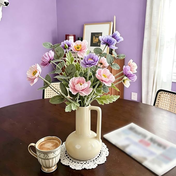Artificial Poppy Flowers with Eucalyptus Stems, 6pcs Faux Poppy + 2pcs Fake Eucalyptus Branches, Flocked Flexible Wire Stems, Silk Petals, Realistic Faux Greenery for Home Table Decor
