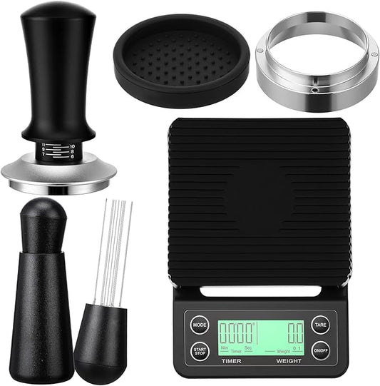 5 Pcs 51mm Espresso Accessories Kit, 3kg/0.1g Accurate Coffee Scale with Timer, Coffee Distributor Spring Loaded Calibrated Tamper WDT Tool and Dosing Funnel Set Fits 51mm Espresso Machines