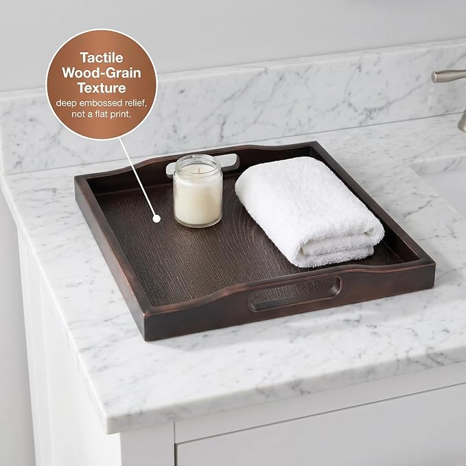 Bam & Boo Square Plastic Serving Tray 8.25" x 8.25" x 1" with Handles Wood Grain Texture Padded Bottom