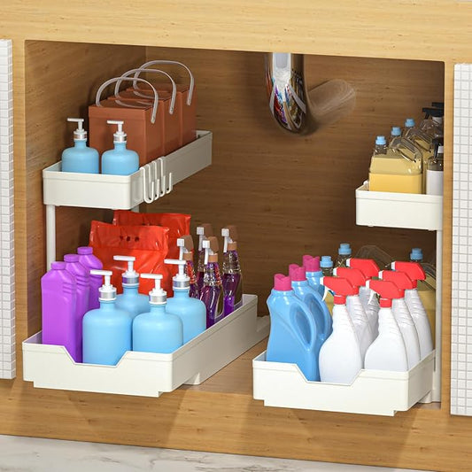 Under Sink Organizers and Storage, L-Shape Kitchen Bathroom Organization, 2-Tier Sliding Storage Under Bathroom Kitchen Sink Cabinet Organizer Shelf Pull Out ABS-2PC (White)