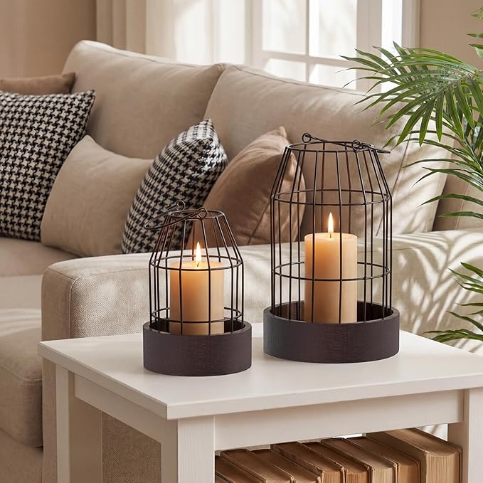 Rustic Farmhouse Lantern Decoration Set of 3, Modern Decorative Lanterns Indoor Outdoor, Metal Candle Holders for Porch Patio Fireplace Mantle Dining Room Table(Dark Brown, Black)