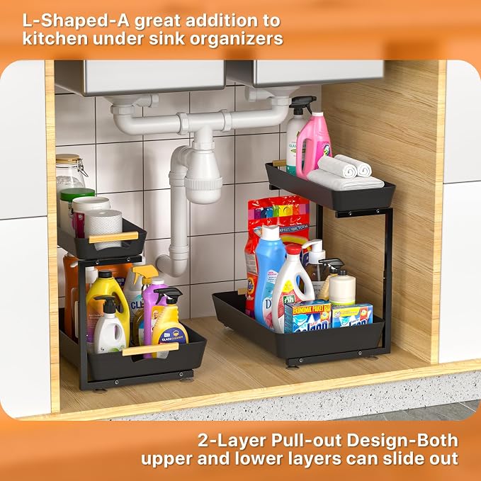 2 Pack Under Sink Organizer, 2 Tier Pull Out Under Sink Organziers and Storage, Height Adjustable Slide Out Under Sink Cabinet Organizer for Kitchen Bathroom Laundry