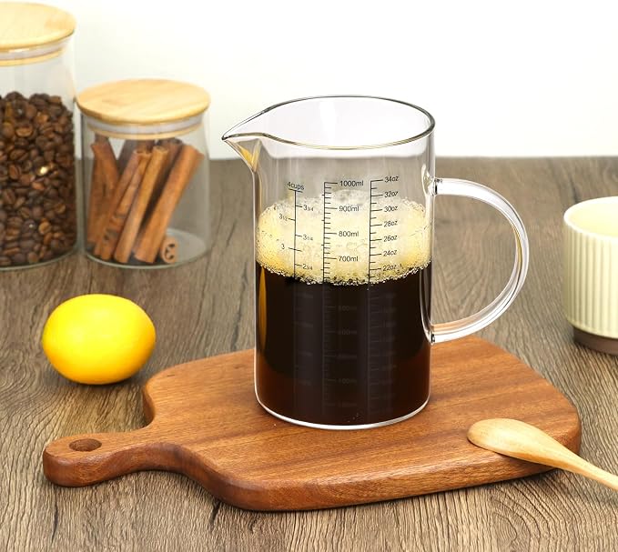 QWORK 34OZ/1000ML Glass Measuring Cup (Ml/Oz/Cup), 4 Cups Multi-Purpose Kitchen Tool with V-Shaped Spout & Handle