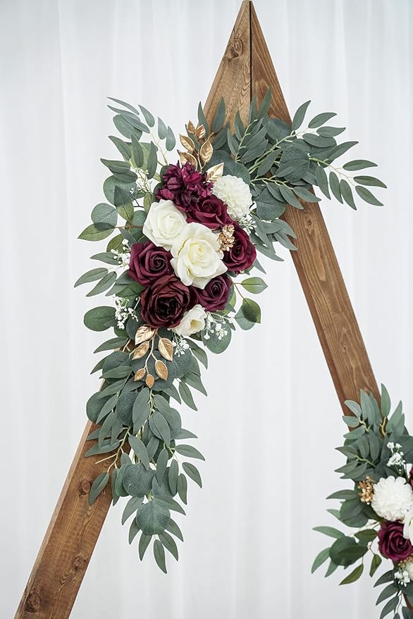 Olalaka Artificial Burgundy Flower Swag Set of 2 for Wedding Welcome Signs Floral Decorations, Wedding Arch Flowers for Wedding Ceremony, Ivory Wedding Flower